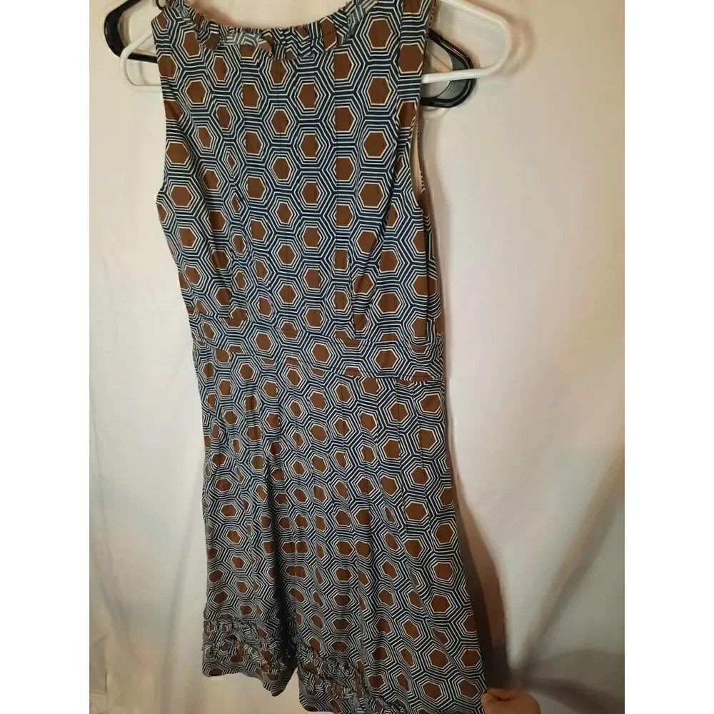 Tory Burch Neutral Geometric Patterned Navy Brown Midi Dress Fit and Flare
